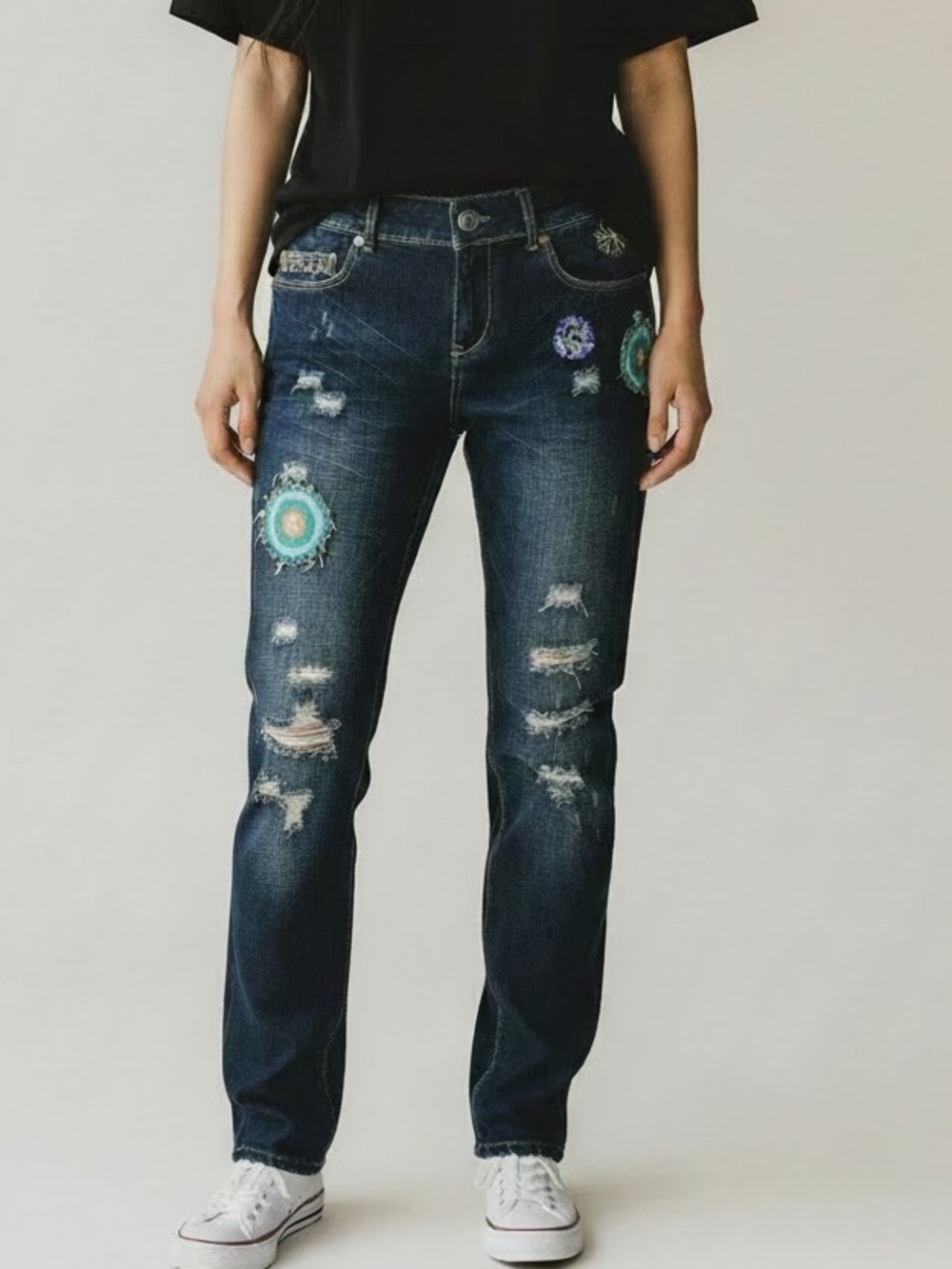 Desigual Distressed Boyfriend Fit Jeans Embroidered Patchwork Details Size 40